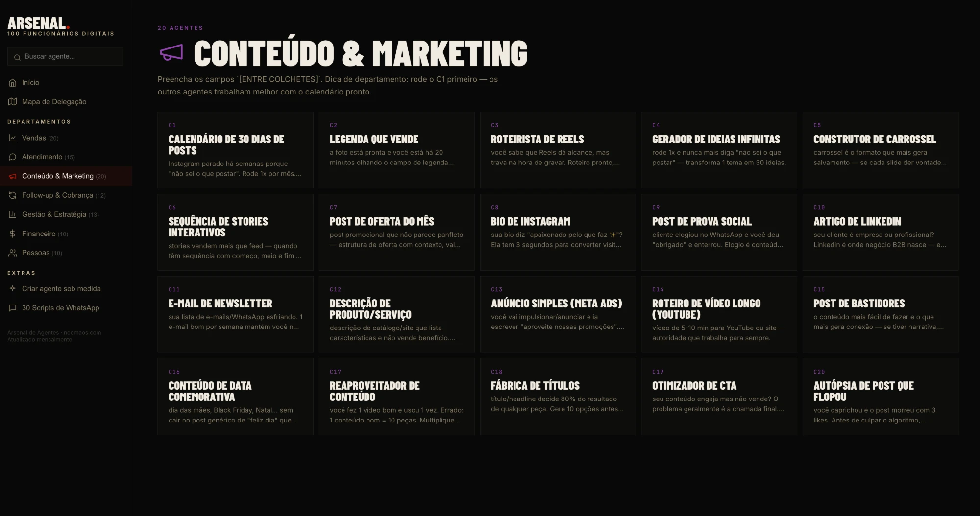 Departamento de Conteúdo e Marketing com 20 agentes