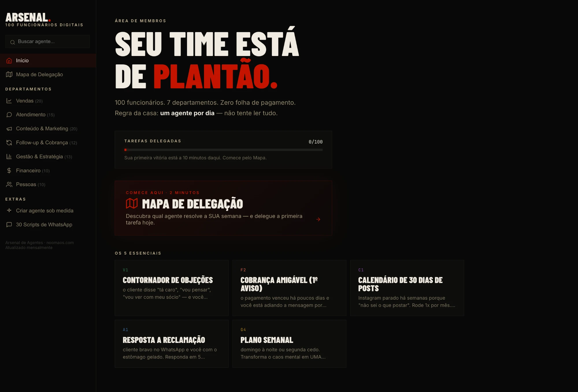 Tela inicial da área de membros do Arsenal