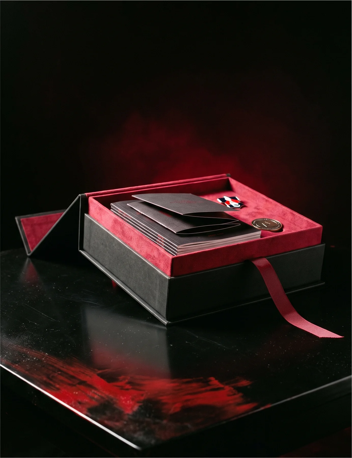 NOOMA BOX: caixa preta com interior vermelho, contendo impressos, pin e medalha